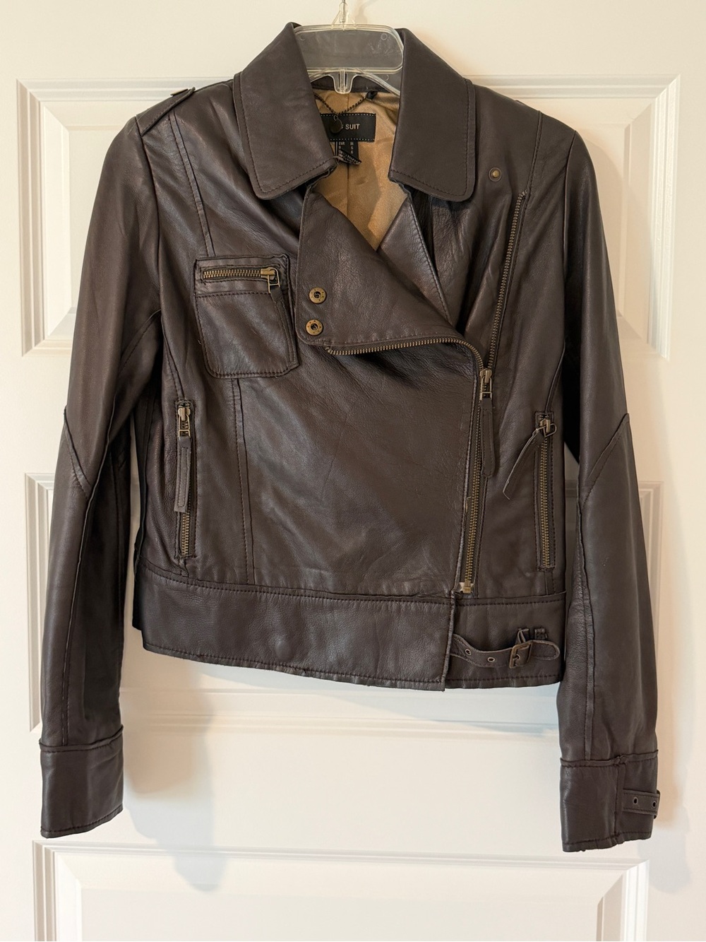 100% sheep leather Mango Dark Brown Leather Asymmetrical Moto Jacket